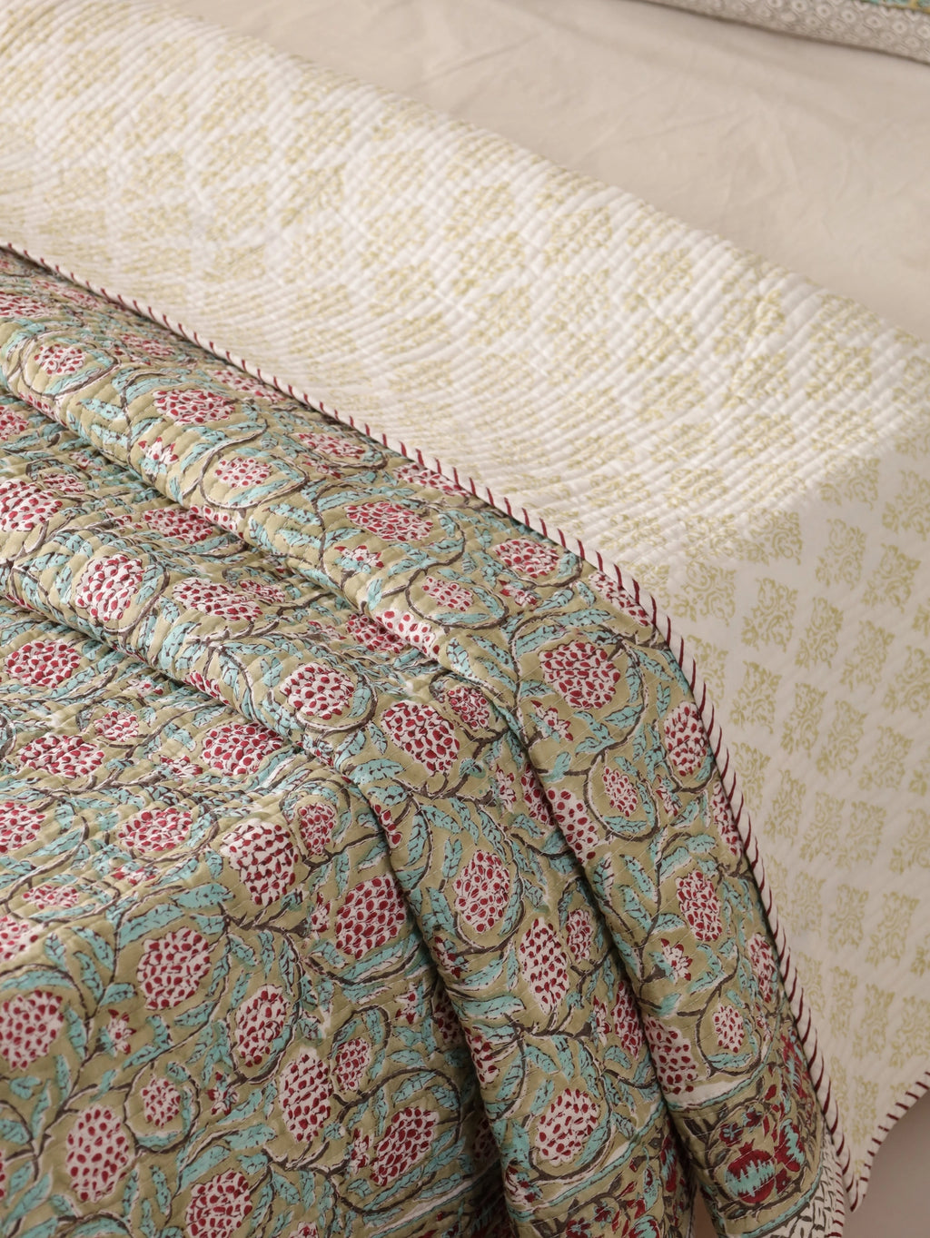 Jaipuri Print Handmade Floral Quilt Bedspread, Cotton Quilted Hand Block Print Cotton Cozy Indian Comforter All Season Quilt - Image 4