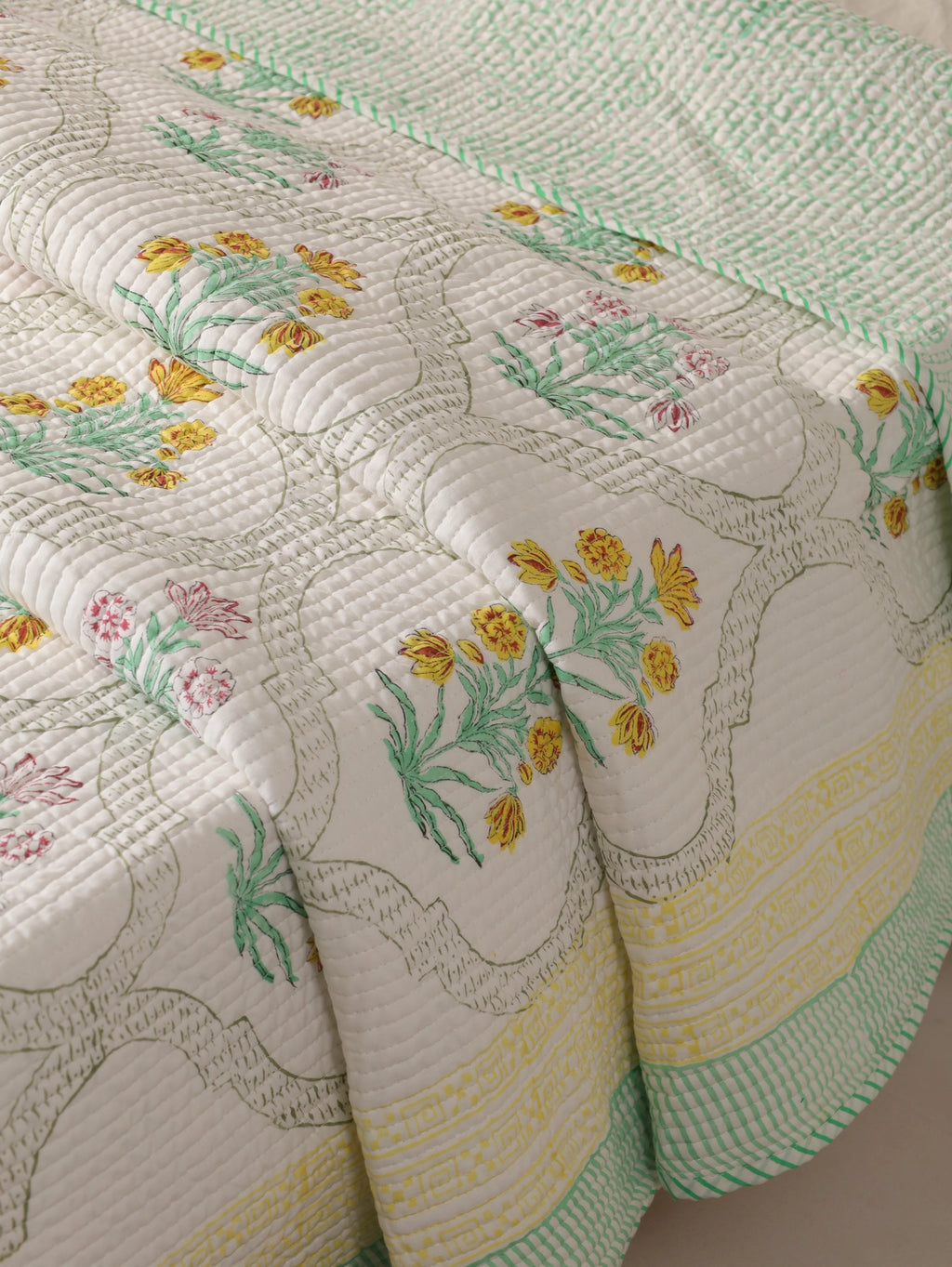 Handmade Floral Printed Quilt Bed Cover, Cotton Quilted Throw blanket Hand Block Print Cotton Cozy Comforter Bed decor - Image 4