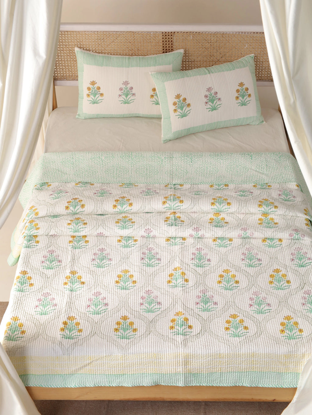 Handmade Floral Printed Quilt Bed Cover, Cotton Quilted Throw blanket Hand Block Print Cotton Cozy Comforter Bed decor - Image 2