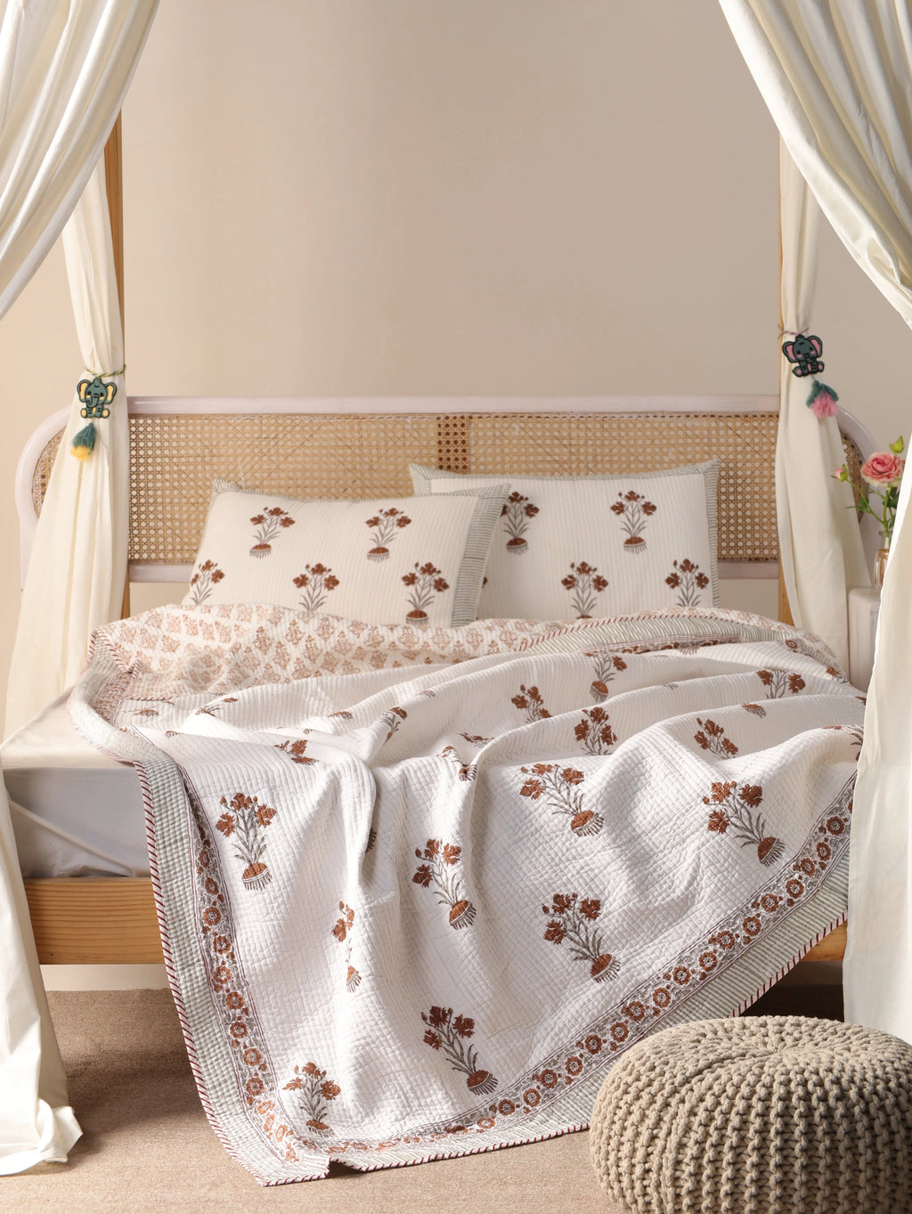 Moroccan Floral Print Quilt Ultra Warm Hand Block Print Handmade Blanket 100% Cotton Bedspread - Image 3