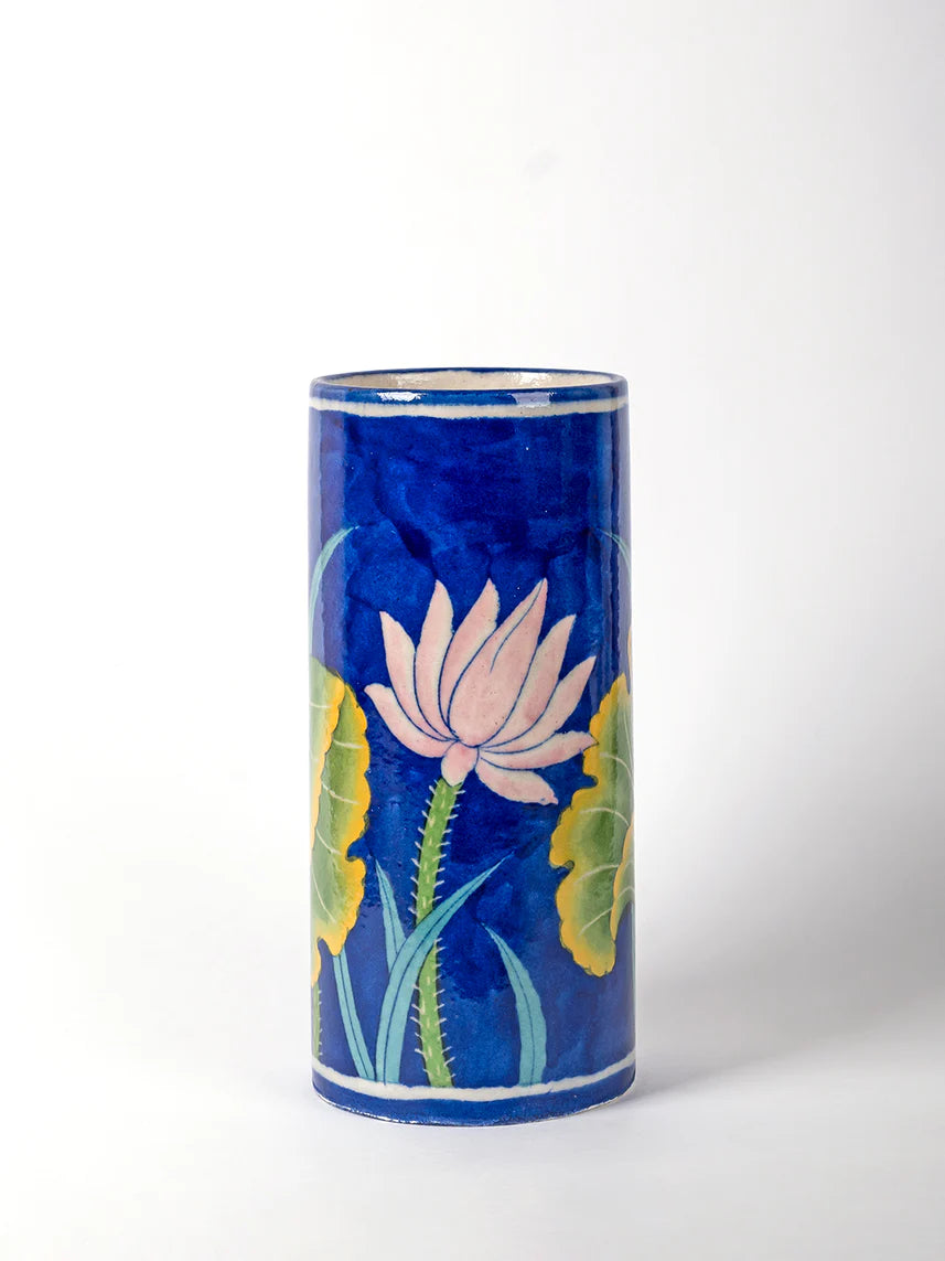 Blue Pottery Cylinderical Flower Vase Secondary image