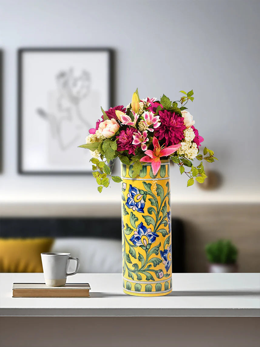 Blue Pottery Cylinderical Flower Vase Yellow Vine Main image