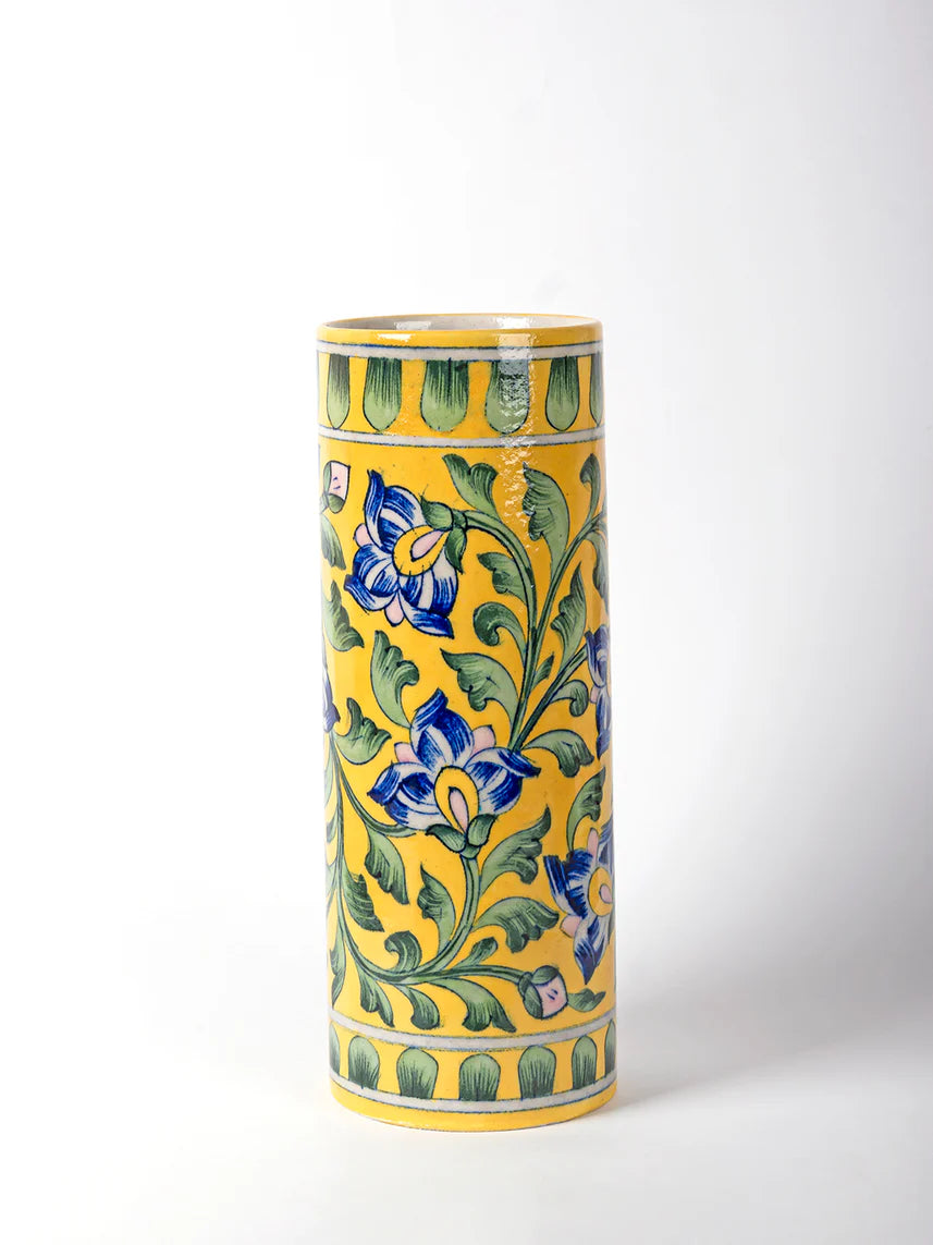 Blue Pottery Cylinderical Flower Vase Yellow Vine Secondary image