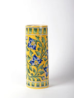 Blue Pottery Cylinderical Flower Vase Yellow Vine