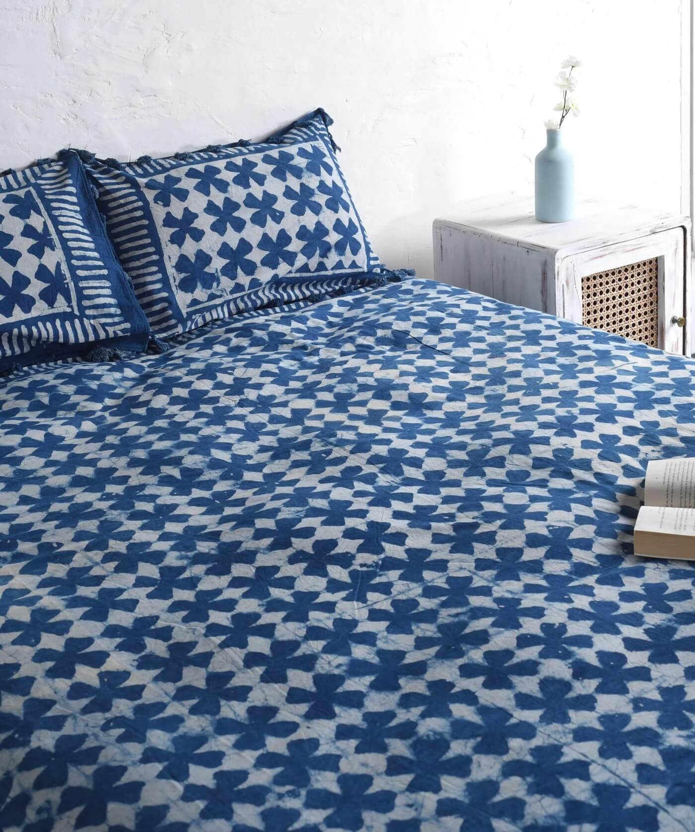Boho Aesthetic Stone Washed Block Printed Bedsheet and Pillow Set