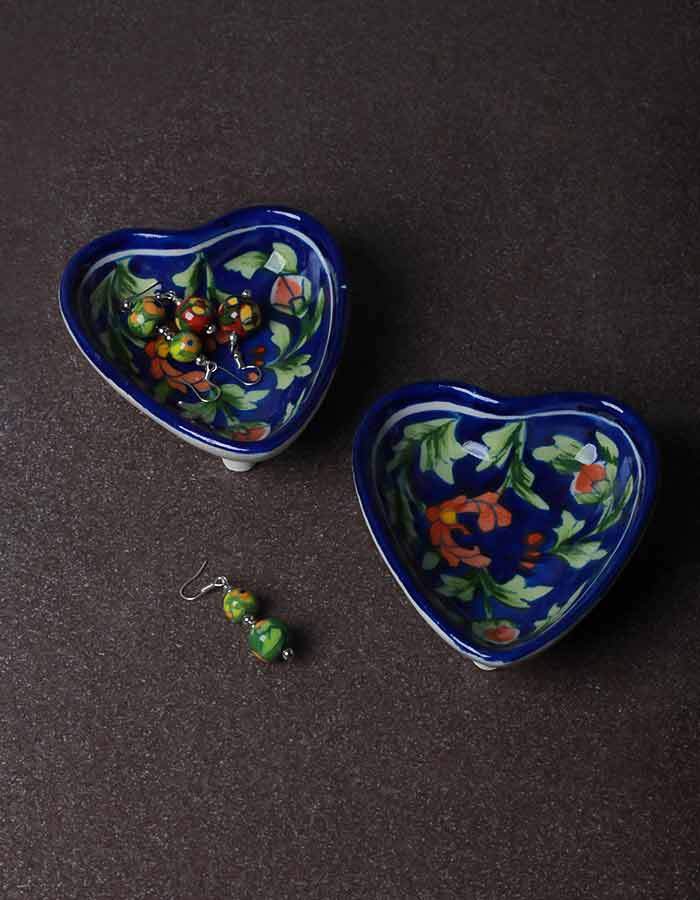 Heart-Shaped Serving Plates – Blue Base with Brown Floral Design (4 Inch, Set of 2) Main image