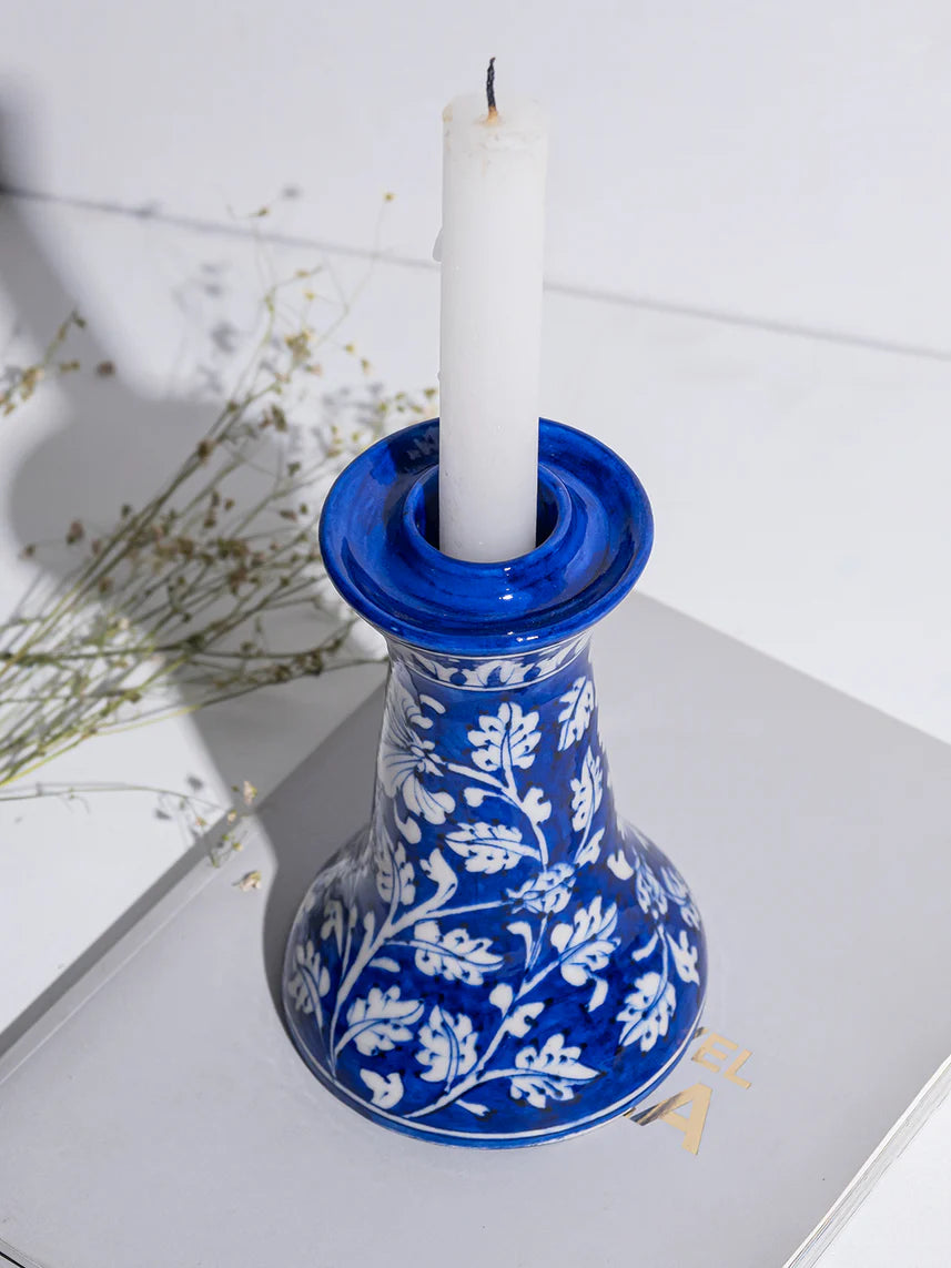 Cobalt Leaf Motif Blue Pottery Candle Stand