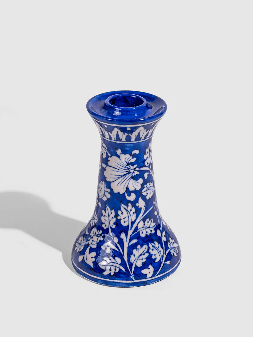 Cobalt Leaf Motif Blue Pottery Candle Stand