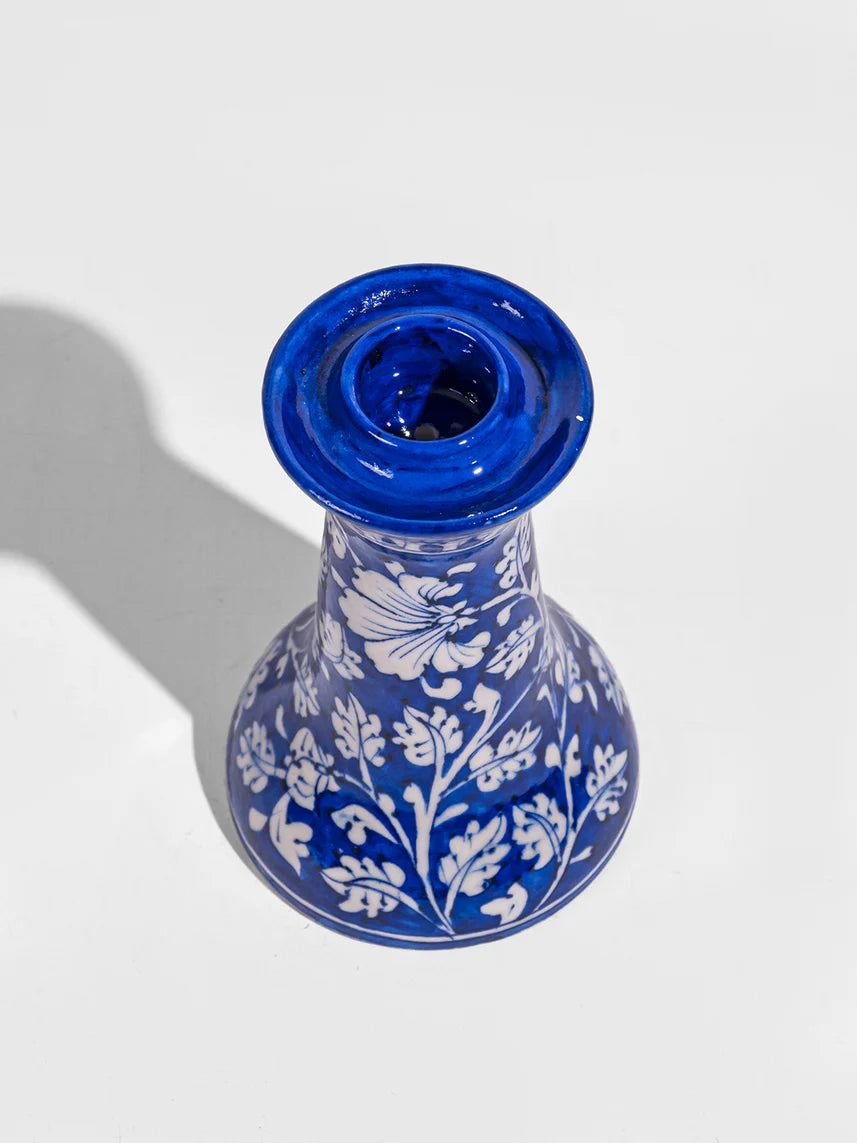 Cobalt Leaf Motif Blue Pottery Candle Stand Secondary image