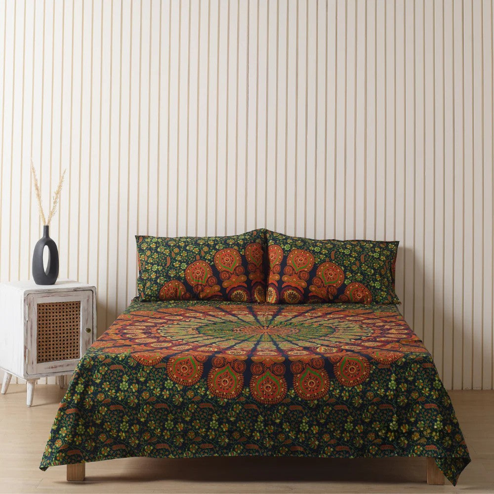 Green Peacock Mandala Bedsheets with pillow covers Main image