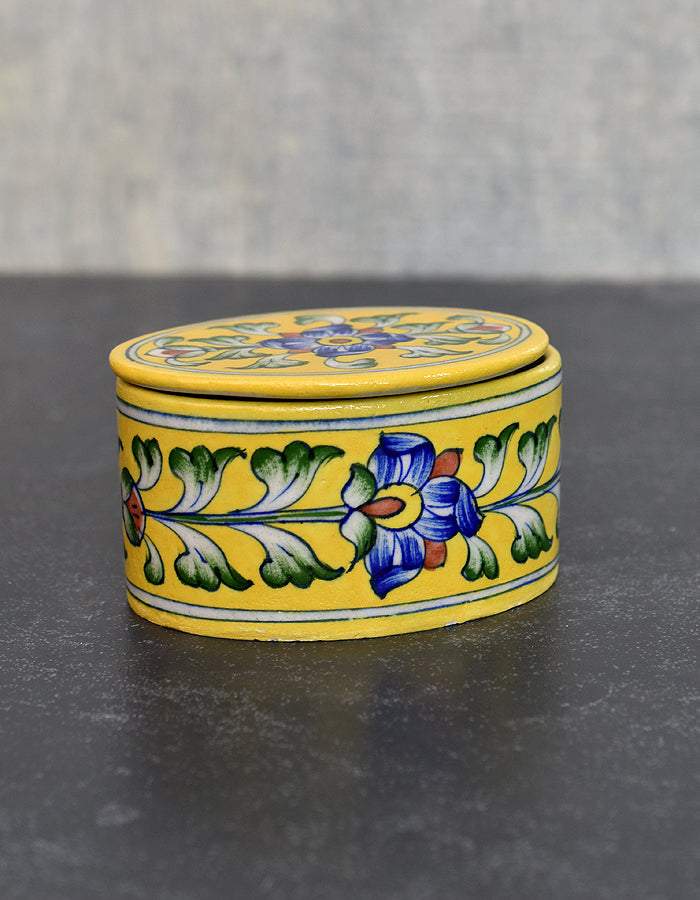 Handmade Oval Box in Yellow Base With Blue Florals Main image