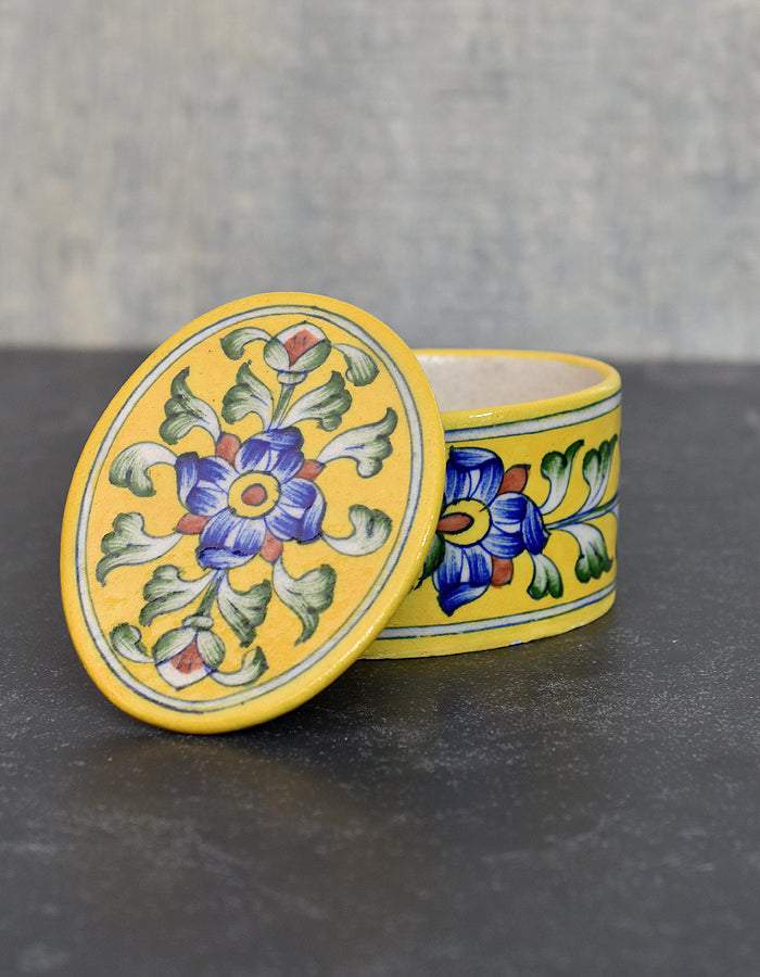 Handmade Oval Box in Yellow Base With Blue Florals