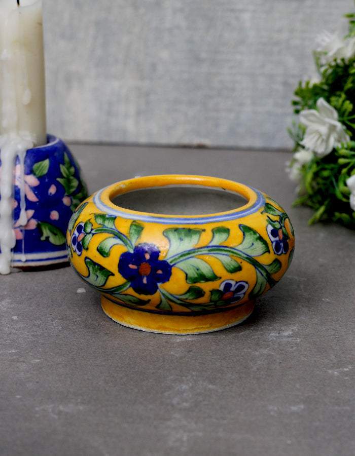 Handmade Round Ashtray - Yellow Base with Blue Flower