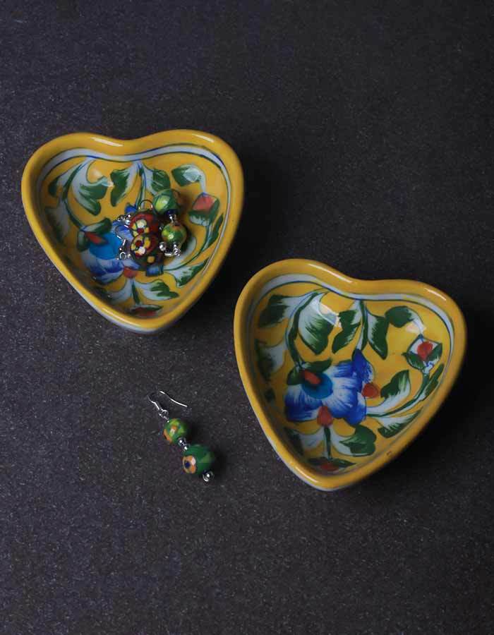 Heart-Shaped Serving Plates – Yellow Base with Blue Floral Design (4 Inch, Set of 2) Main image