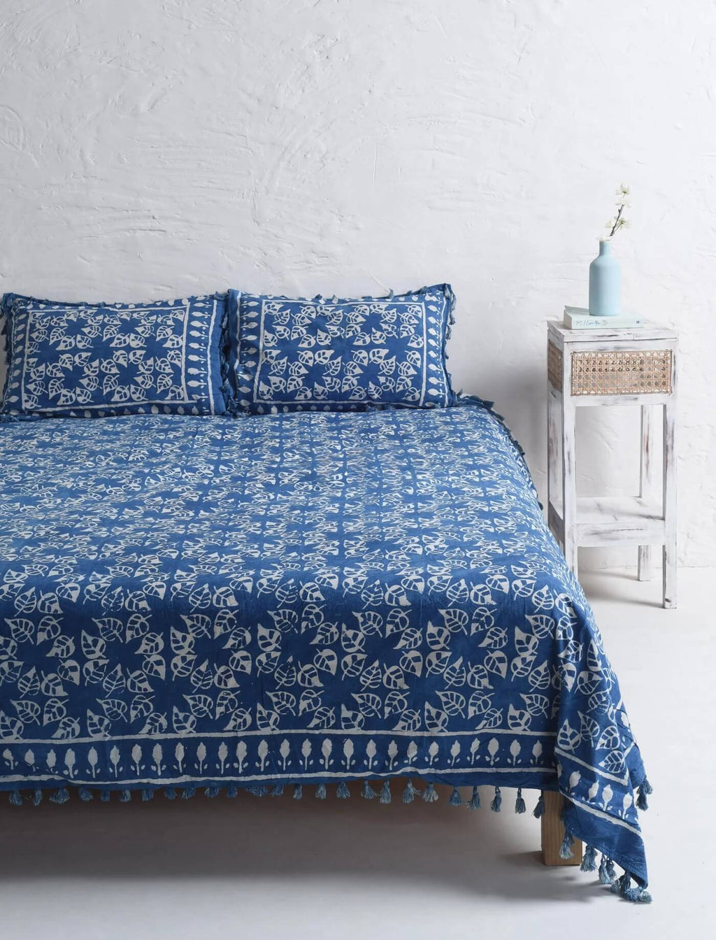 Indigo Leaf Block Printed Bedsheet and Pillow Set