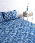Indigo Leaf Block Printed Bedsheet and Pillow Set