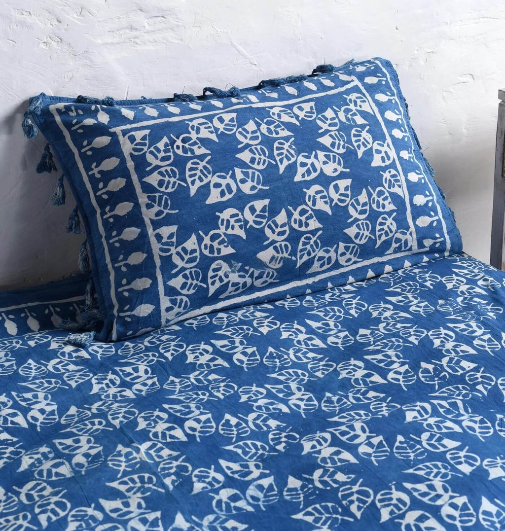 Indigo Leaf Block Printed Bedsheet and Pillow Set