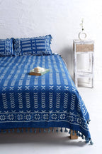 Indigo Stone Washed Block Printed Bedsheet and Pillow Set