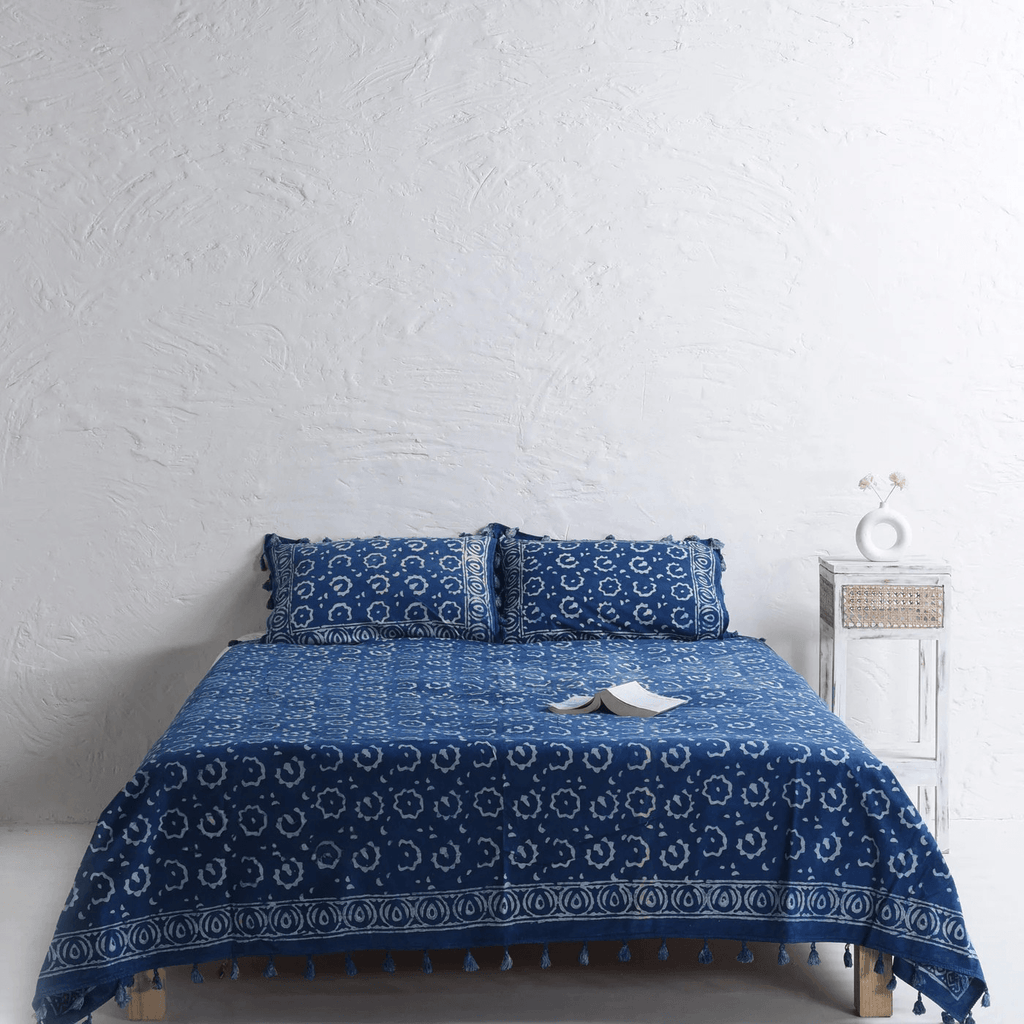 Mud Cloth Blue Block Printed Bedsheet and Pillow Set