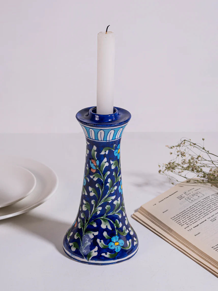 Navy Floral Vine Blue Pottery Candle Stand Main image