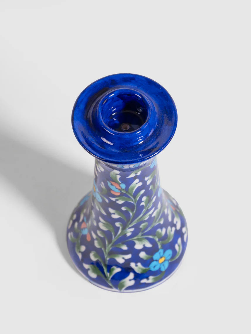 Navy Floral Vine Blue Pottery Candle Stand
