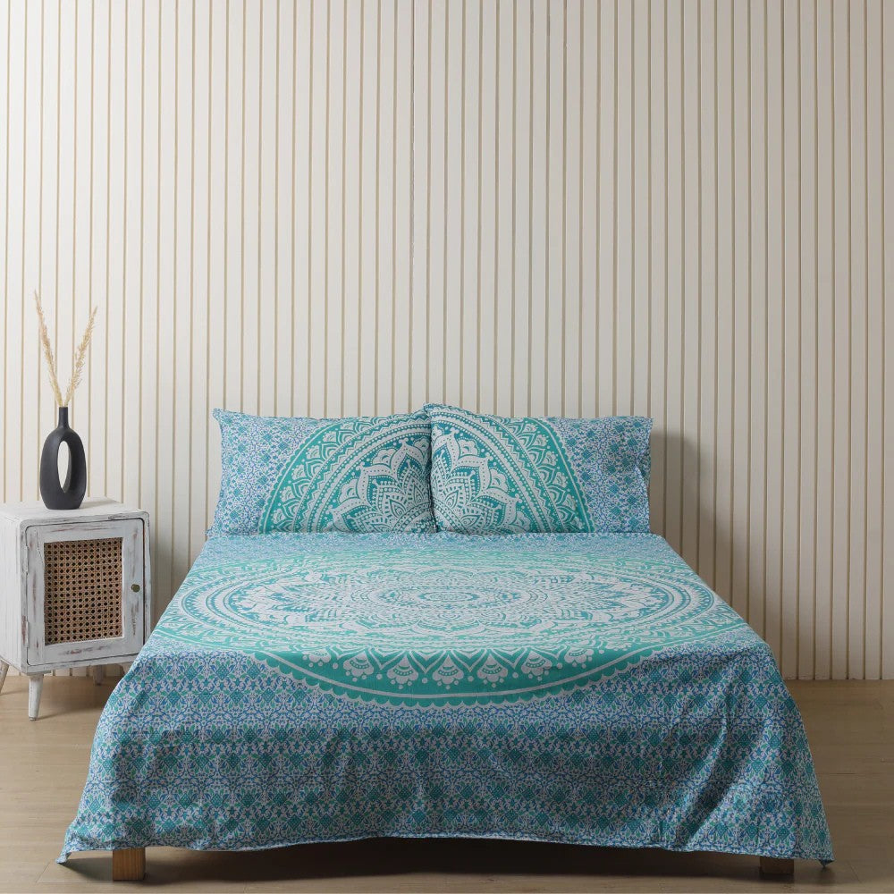 Turquoise Blue Mandala Bedsheet set with pillow covers Main image