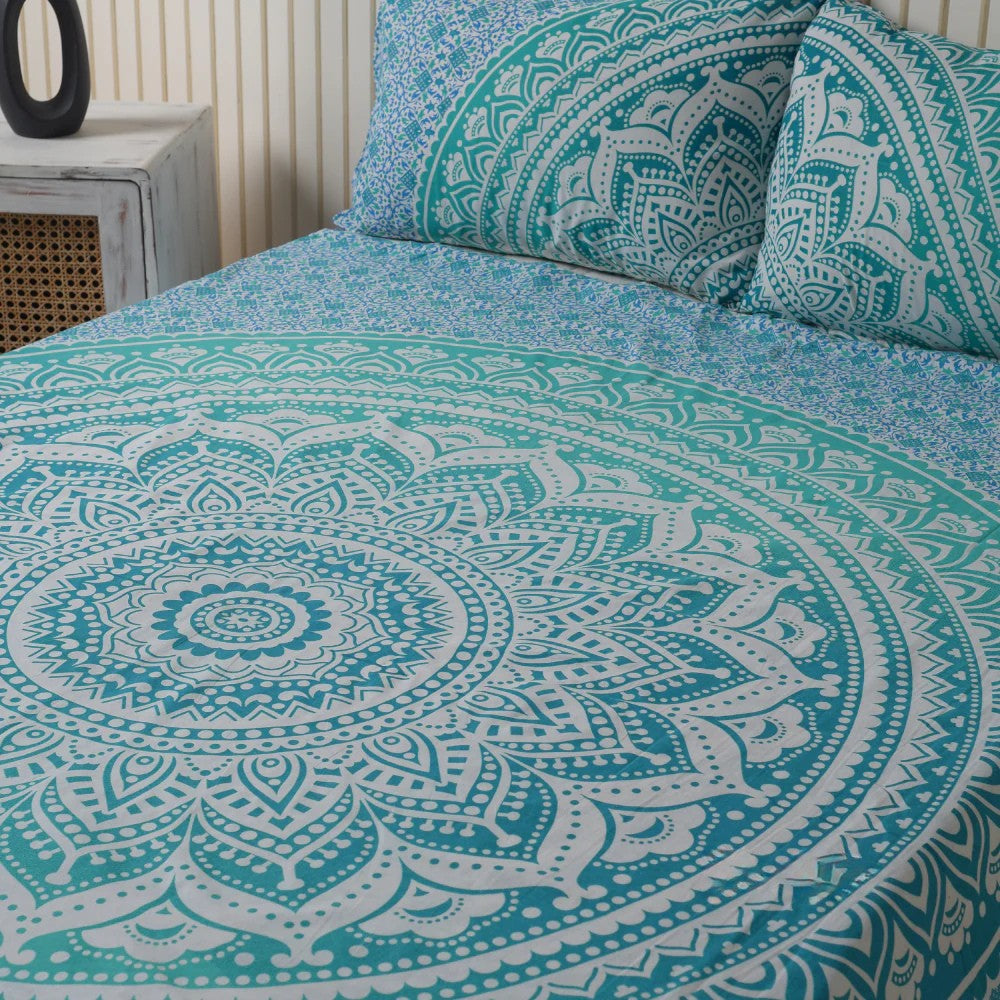 Turquoise Blue Mandala Bedsheet set with pillow covers Secondary image