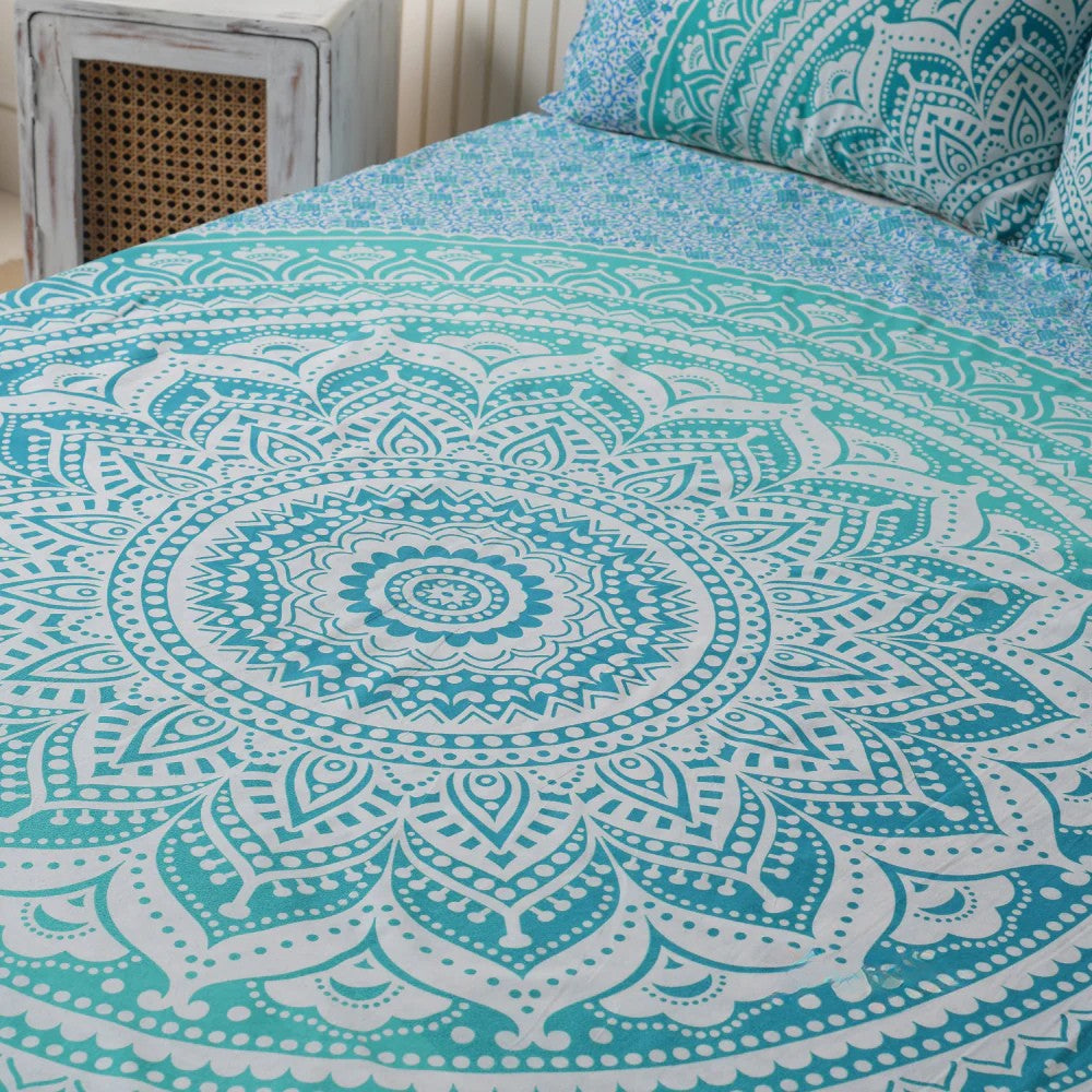 Turquoise Blue Mandala Bedsheet set with pillow covers