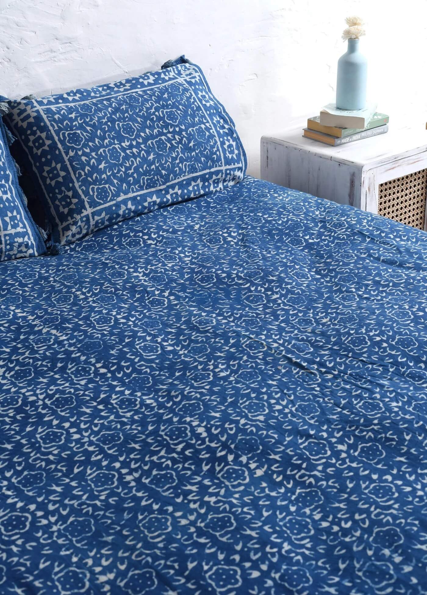 Vintage Look Stone Washed Wooden Block Printed Bedsheet and Pillow Set