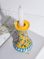 Yellow Floral Vine Blue Pottery Candle Stand
