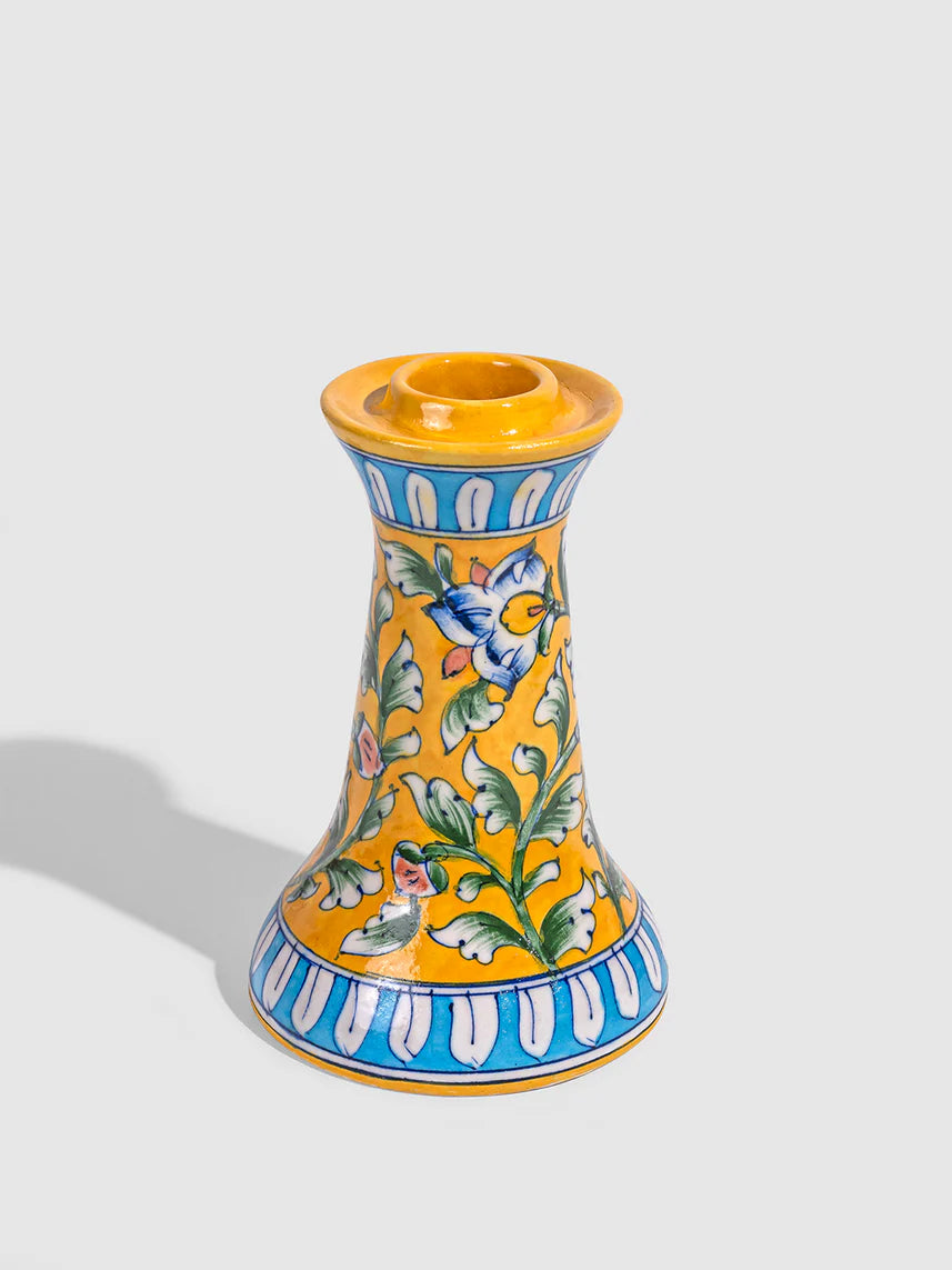 Yellow Floral Vine Blue Pottery Candle Stand