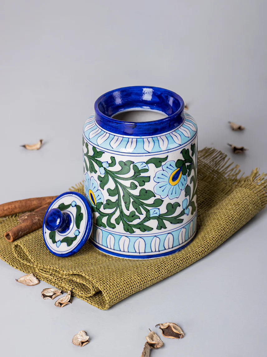 Handcrafted Blue Pottery White Floral Design Jar