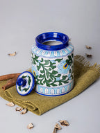 Handcrafted Blue Pottery White Floral Design Jar
