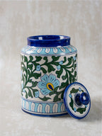 Handcrafted Blue Pottery White Floral Design Jar