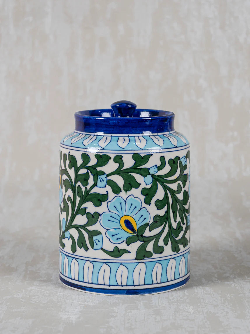 Handcrafted Blue Pottery White Floral Design Jar Secondary image