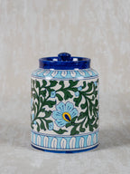 Handcrafted Blue Pottery White Floral Design Jar