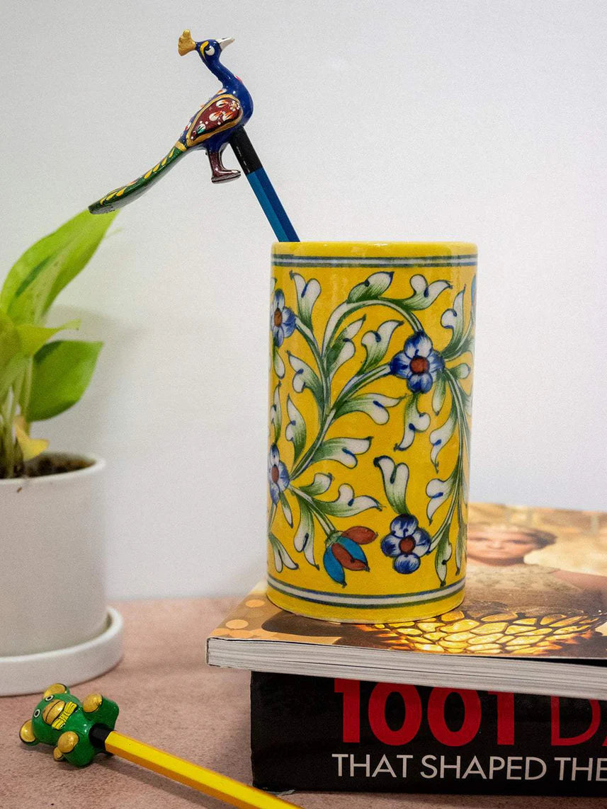 Handmade Blue Pottery Cylinder Yellow Main image