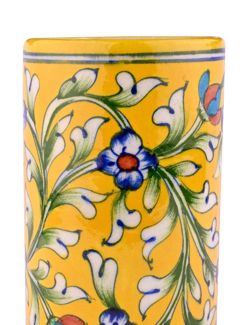 Handmade Blue Pottery Cylinder Yellow