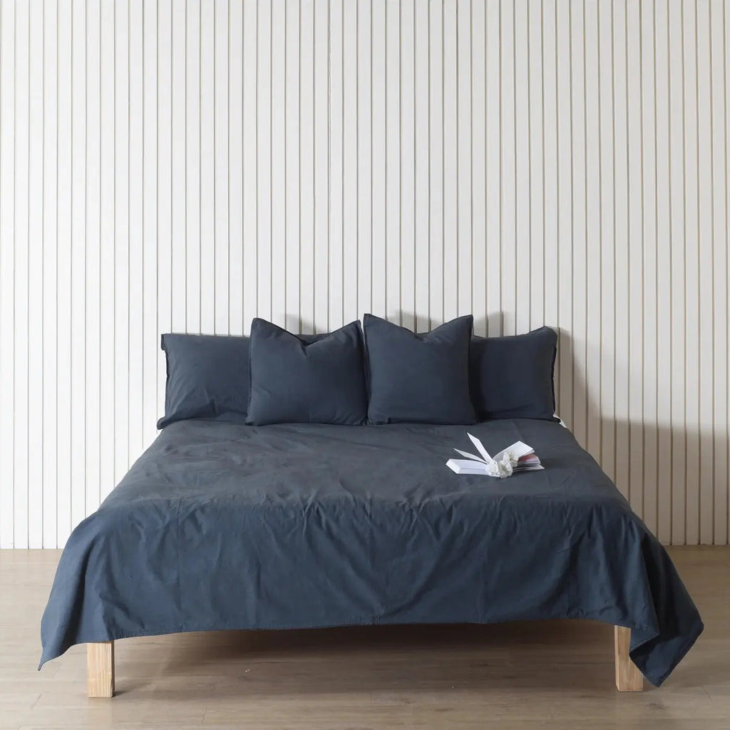 Deep Blue Linen Bedsheet with Pillow Covers