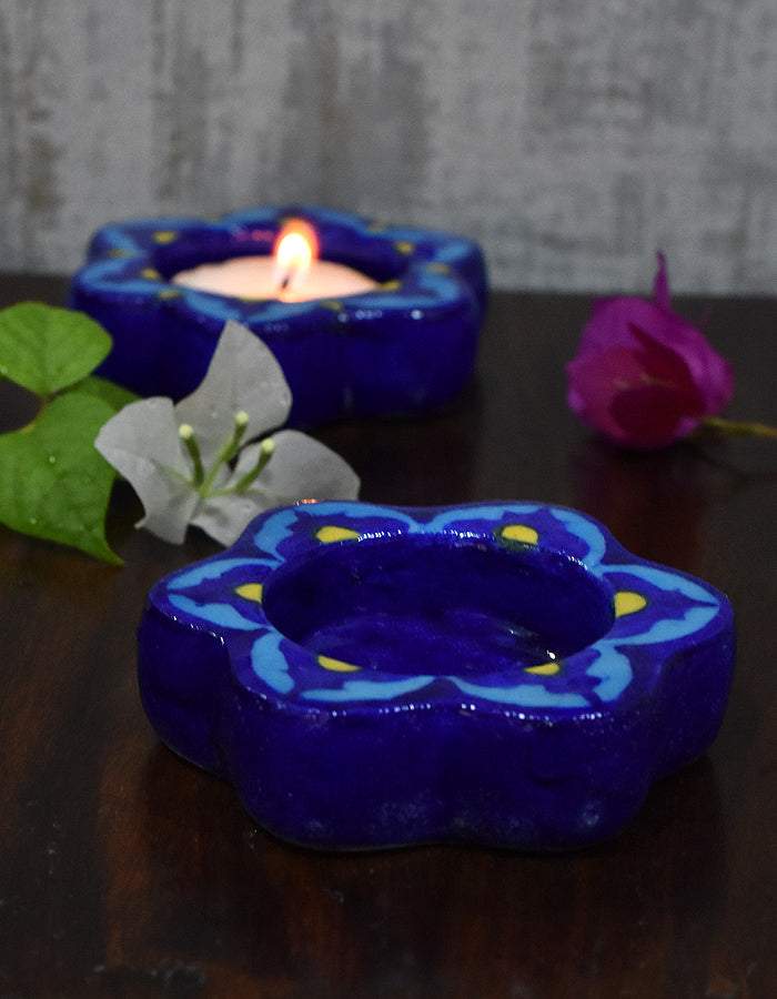 Handcrafted Blue Pottery T-Light Holders – Set of 2 Main image