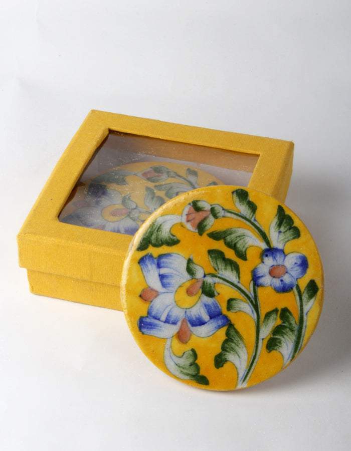 Yellow Ceramic Coasters with Blue Flowers & Leaves – Set of 4 Secondary image