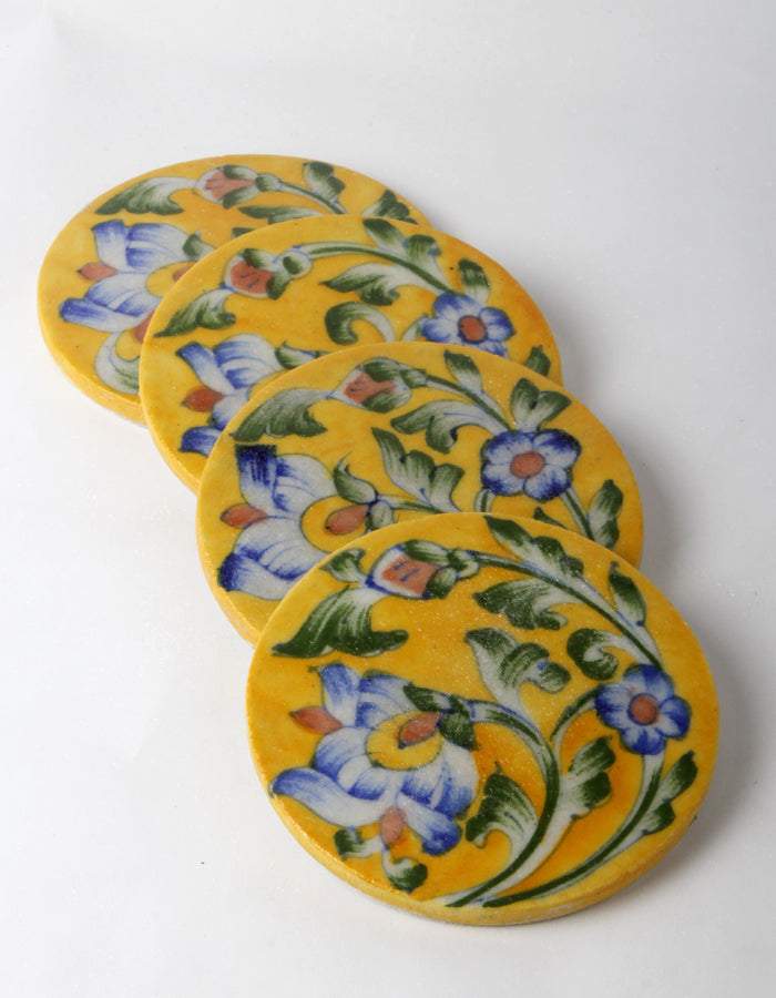 Yellow Ceramic Coasters with Blue Flowers & Leaves – Set of 4
