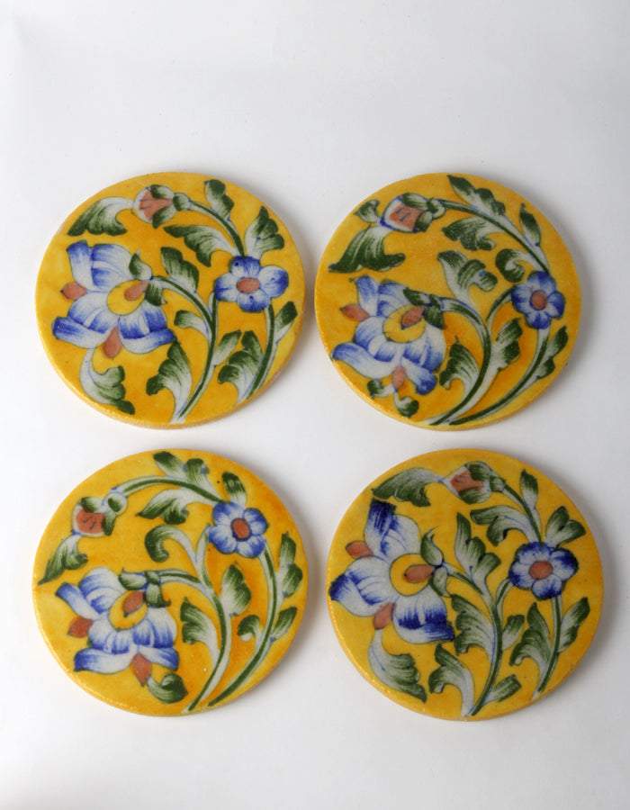 Yellow Ceramic Coasters with Blue Flowers & Leaves – Set of 4